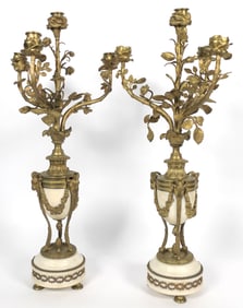 Pair of Louis XVI Style Bronze and Marble Candelabras
