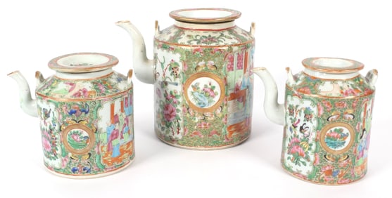 Three Antique Chinese Rose Medallion Teapots