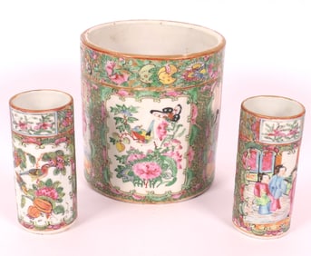 Three Antique Rose Medallion Brush Pots