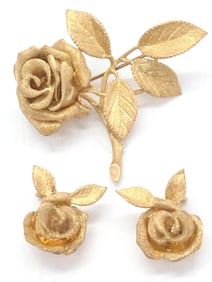 14K Gold Rose Brooch and Earrings