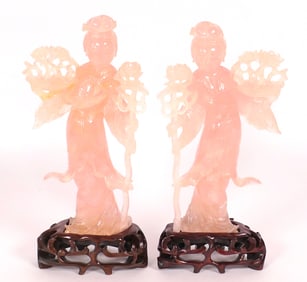 Pair of Antique Rose Quartz Female Figures