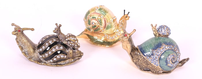 Three Bejeweled Snail Trinket Boxes