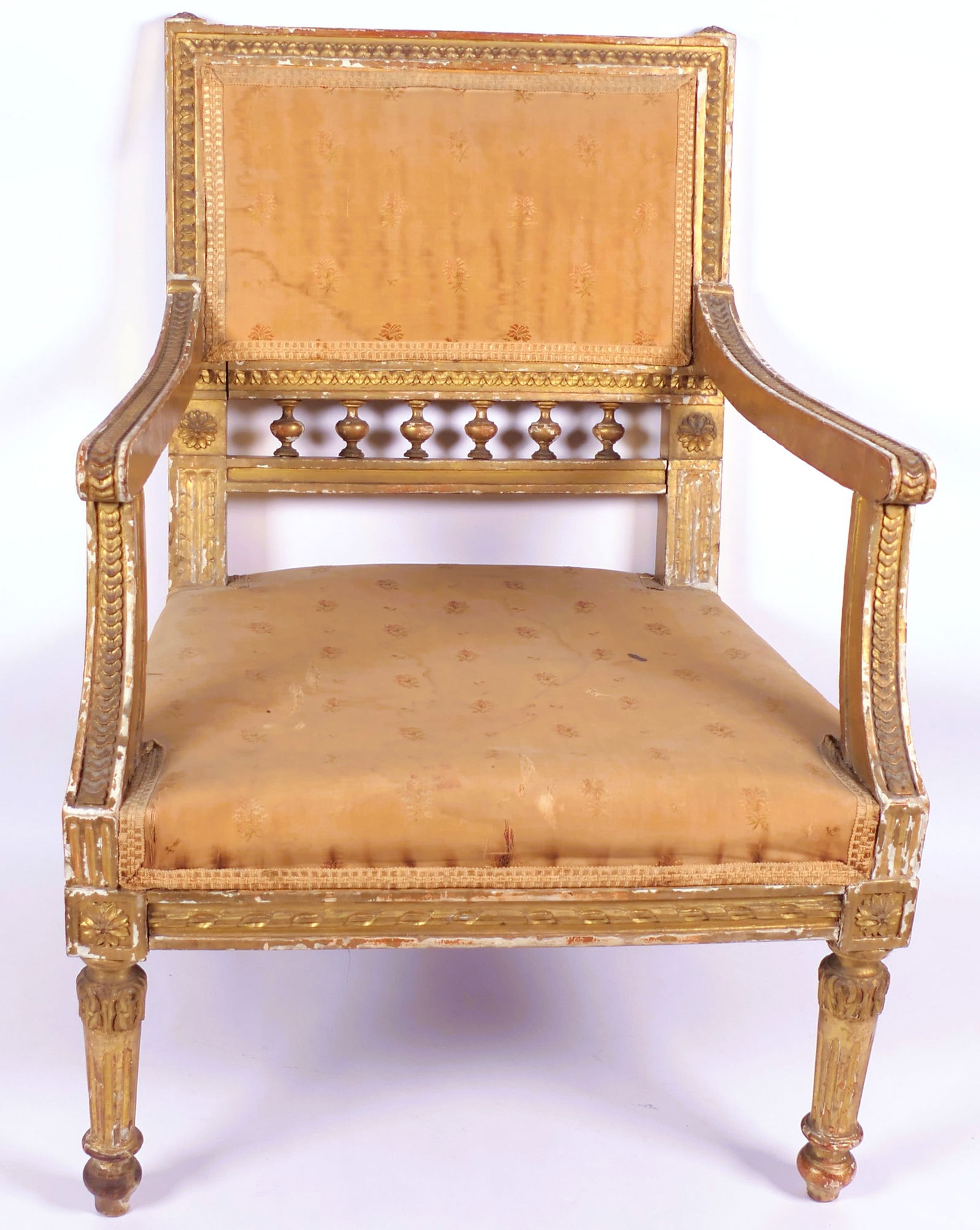 Antique Louis XV Child's Chair: Antique Louis XV gilded frame child's chair with open arm design, carved accenting and fluted legs. Flaking paint, stains and rips on upholstery. Size: 16.5"w x 15"d x 23"h Location: Den