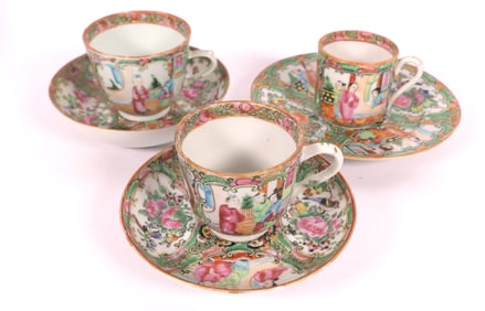 Three Antique Rose Medallion Cups and Saucers/Dishes