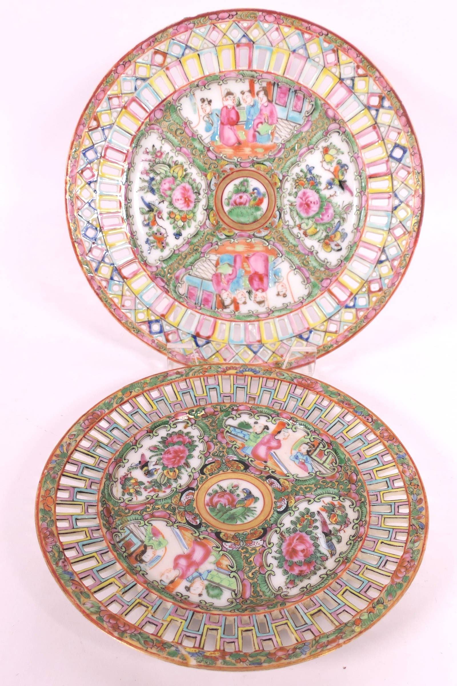 Two Antique Pierced Rose Medallion Plates