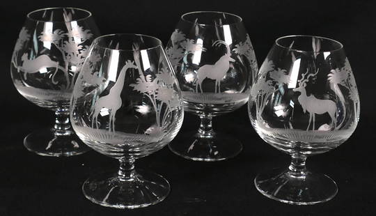 Four Queen Lace Brandy Snifters: Four Queen Anne crystal brandy snifters including giraffe, gazelle, antelope and cheetah. Hand blown, hand cut and hand polished in Germany. Size: 5"h Location: Dining Room