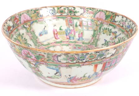 Antique Famille Rose Bowl: 19th century Chinese export Famille Rose bowls featuring central medallion surrounded by narrative cartouches, floral motifs and gilt accents. Color loss and faded. Size: 11"dia x 4.25"h Location: Din