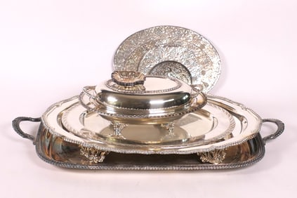 Shelf of Silver Plate Serving Pieces