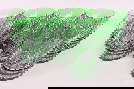 Green Bohemian Crystal Lowball Glasses: Eight green bohemian crystal lowball glasses. Size: 4"h Location: Kitchen
