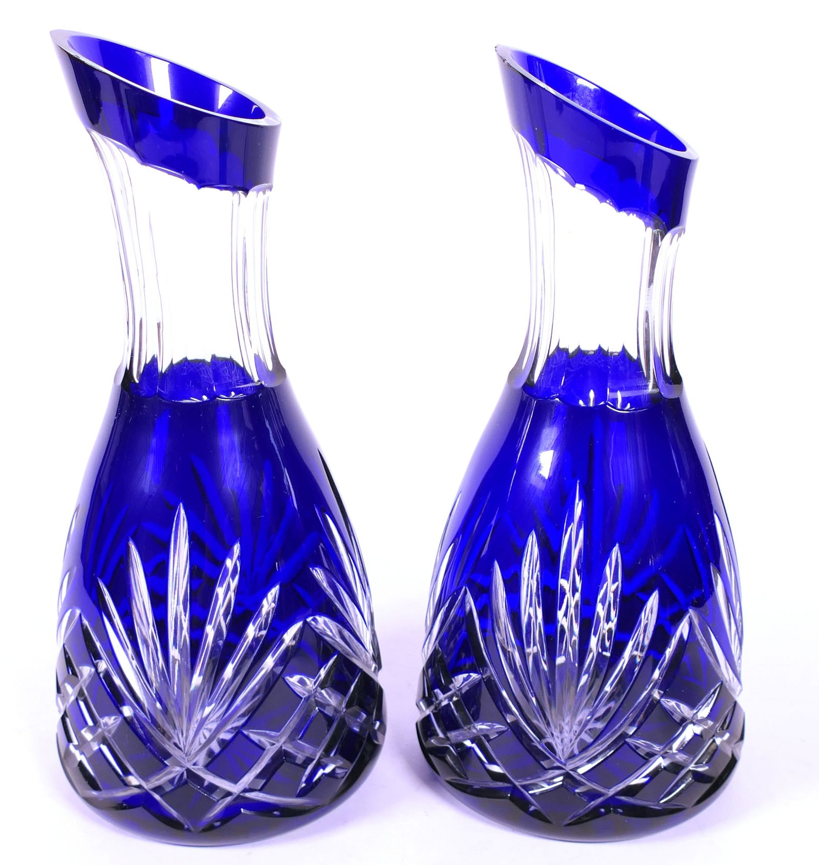 Two Bohemian Crystal Cobalt Blue Wine Carafes: Two Bohemian crystal cobalt blue wine carafes. Chipping on rim. Size: 11"h Location: Kitchen