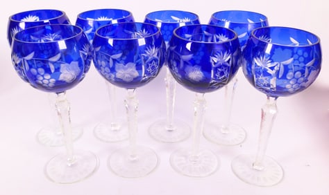 Eight Hand Blown Cobalt Wine Glasses
