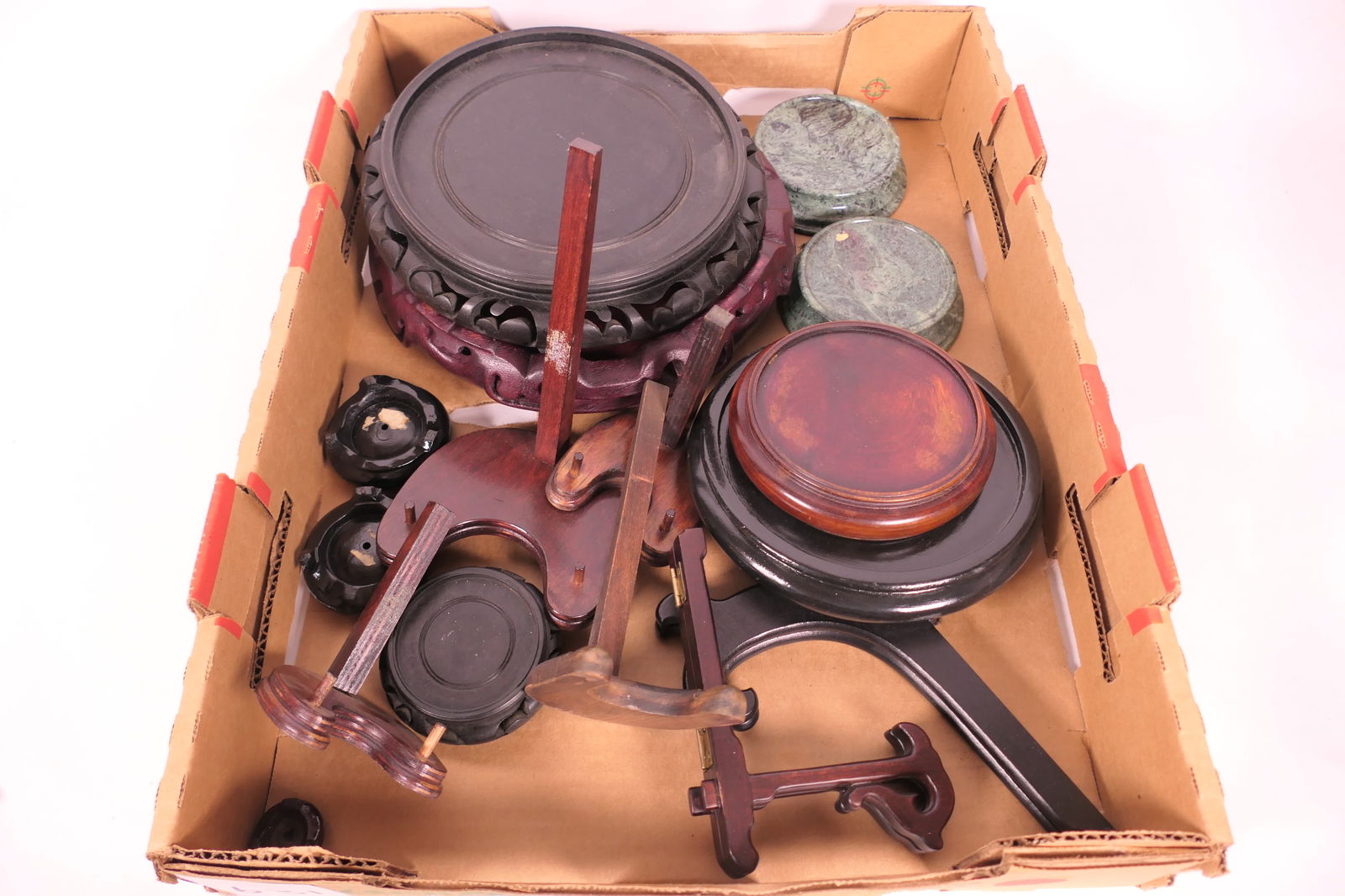 Display Accessories: Display accessories including round carved wood table display, cup and saucer displays, green marble and more. Size: Largest 9.75"dia Location: Library