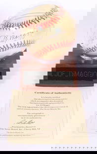 Signed Joe DiMaggio Baseball: Signed Joe DiMaggio baseball in plastic dome marked Official Ball American League with CoA. Location: Library