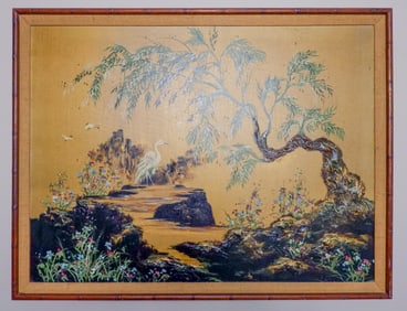 Large Oil on Canvas of White Heron and Twisting Tree