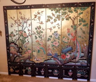 Chinese Style Six Panel Gold Leaf Floor Screen