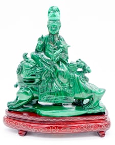 Carved Malachite Sitting Guanyin on Foo Dog