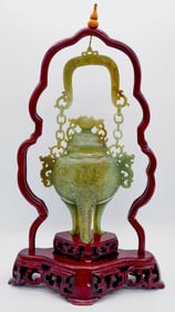 Carved Jade Urn with Hanging Hook on Stand