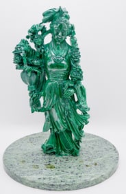 Large Carved Malachite Guanyin on Green Marble