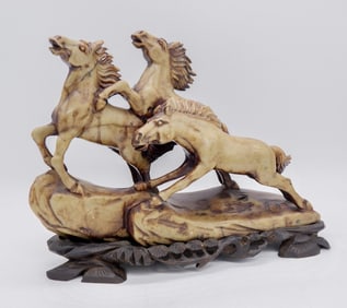 Hand Carved Brown and Green Jade Stallions Statue
