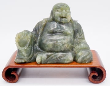Hand Carved Spinach Jade Seated Laughing Buddha