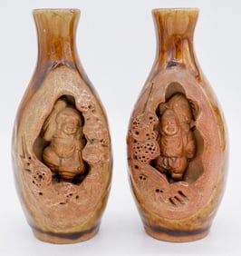 Two Small Terracotta Vases with Inset Buddha Figures