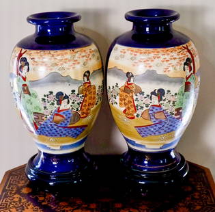 Pair of Old Satsuma Style Vases: Pair of Satsuma style vases with hand painted Geishas in a floral motif with gold accenting. Size: 13.5"h Location: Sitting Room
