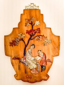 Wooden Plaque with Carved Soapstone Figures