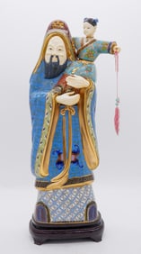 Chinese Cloisonne Enamel Figurine Depicting an Old Man and Young Girl