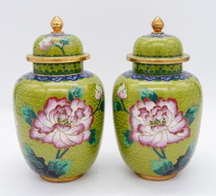 Green Enameled Brass Cloisonne Ginger Jars