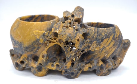 Carved Soapstone Inkwell and Pen Holder