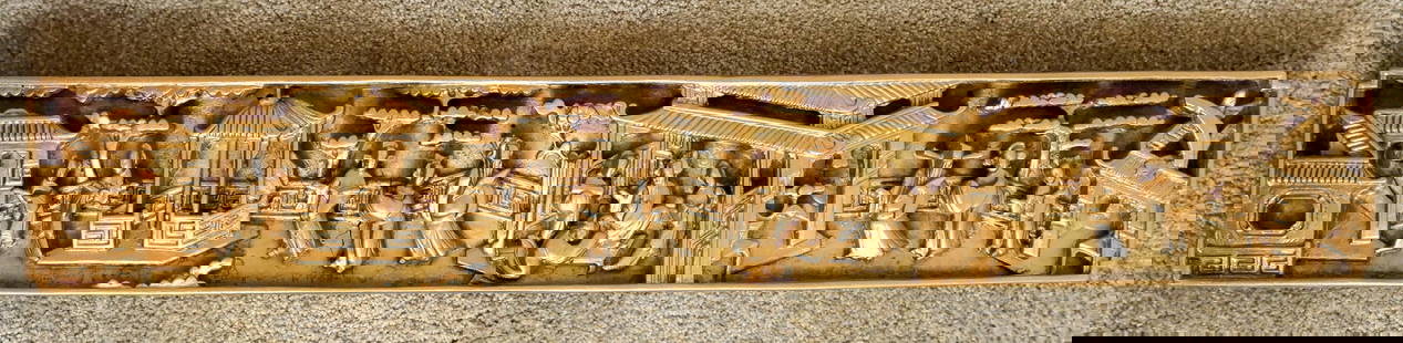 Chinese Gilt Carved Panel: Carved wood panel features an intricate high-relief figural scene, including multiple characters engaged in various activities, set against architectural elements, trees, and cloud motifs. Size: 31.75