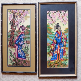 Pair of Needlepoint Art of Asian Figures