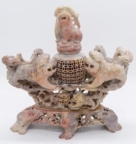 Hand Carved Soapstone Foo Dog Vessel
