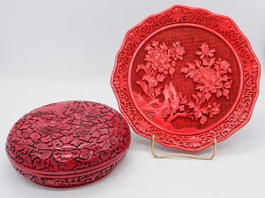 Carved Red Lacquer Plate and Covered Box