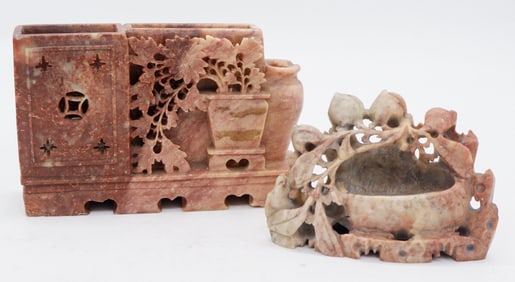 Two Carved Soapstone Brush Pots