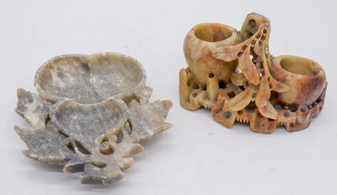 Two Hand-Carved Soapstone Brush Washers/Trinket Dishes