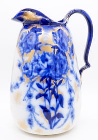 Large Cobalt Blue and White Pitcher with Gilt Floral Accents