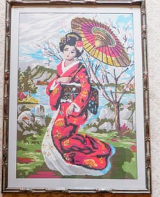 Framed Needlepoint Art - Geisha with Parasol