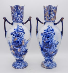 Pair of Blue and White Ceramic Mantel Vases
