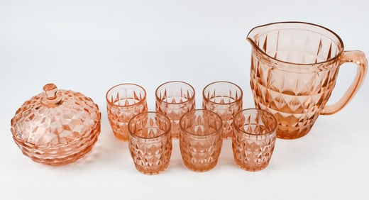 Pink Depression Glass Diamond Pitcher Set
