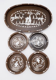 Wooden Tray and Four Coaster Set with Mother of Pearl Inlay