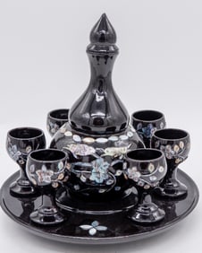 Black Lacquered Sake Set with Mother of Pearl Inlay