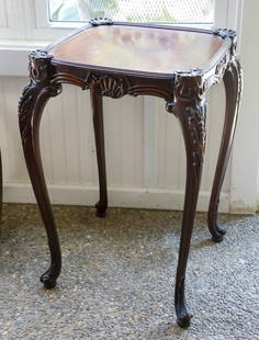 French Louis XIV Style 1920's Mahogany Side Table: French Louis XIV style 1920's mahogany side table showing shell surface corners, carved skirts and knees, tall cabriole legs on pad legs. Size: 20"square x 28.5"h Location: Lower Level Sun Room