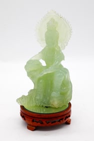 Vintage Translucent Nephrite Jade Carving of Guanyin Seated