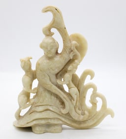 White Jade Carving of Fisherman with Lotus Motif