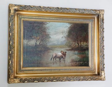 Antique Original Oil Painting of Cows in Stream