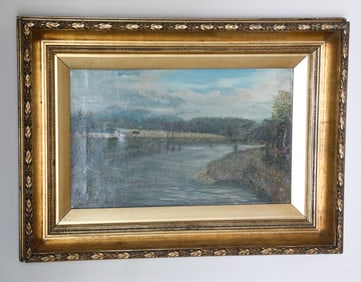 Antique Original Oil Painting of Colonial Man Fishing