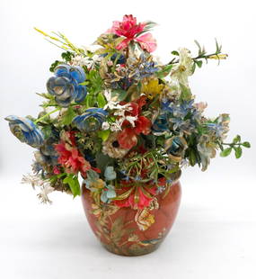 Hand Painted Planter with Faux Floral Arrangement: Hand-painted small planter with floral, avian, and insect motif on either side. Faux floral arrangement gold accenting on the flowers sits in planter. Size: Planter is 6"w x 5"d; overall with faux flo