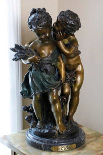 "Secret" Bronze Sculpture by Auguste Moreau: Bronze sculpture by Auguste Moreau (1834-1917) titled "Secret" depicting young girl holding a bundle of wheat or lavender while a young boy leans in to whisper a secret into her ear. The figures are f