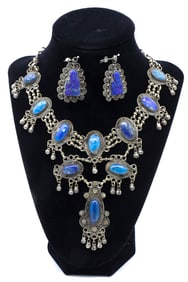 Vintage Silver Tone and Lapis Statement Necklace and Carved Earrings